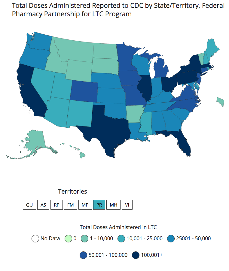 Map of U.S. States showing total COVID-19 vaccine doses administered with Federal Pharmacy Partnership for LTC Program as of January 26